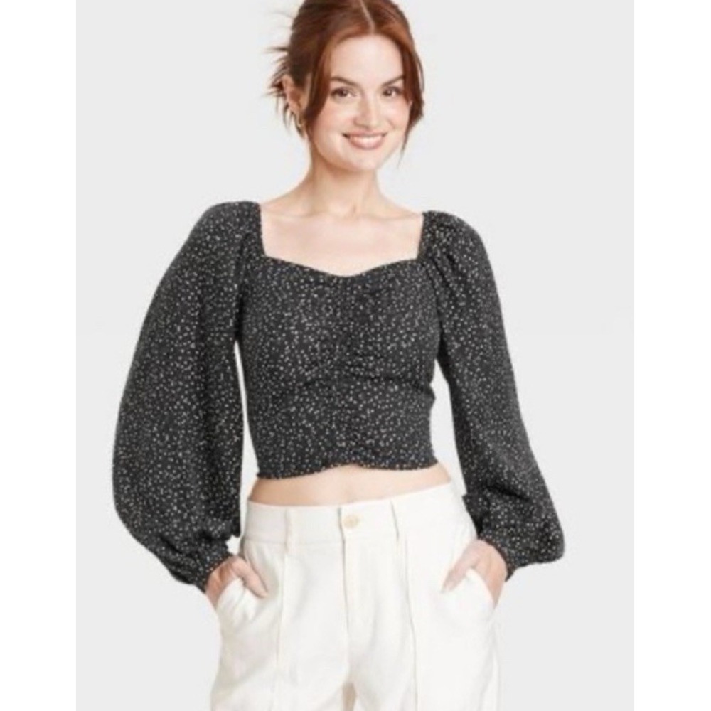 A New Day Long Balloon Sleeves Womens Ruched Polka Dot Black Blouse Crop Sz M
